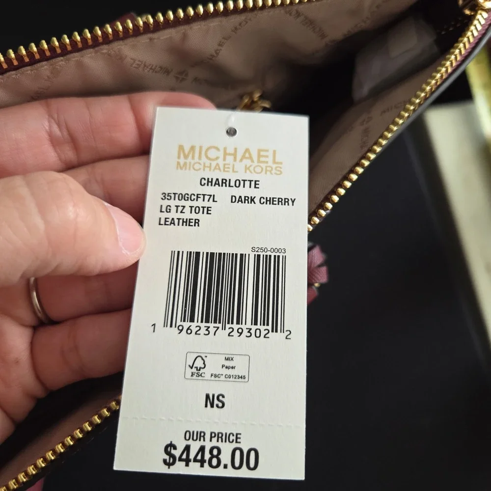 Michael Kors Charlotte Large Zip Tote Dark Cherry Saffiano Leather 35T0GCFT7L - Picture 6 of 10
